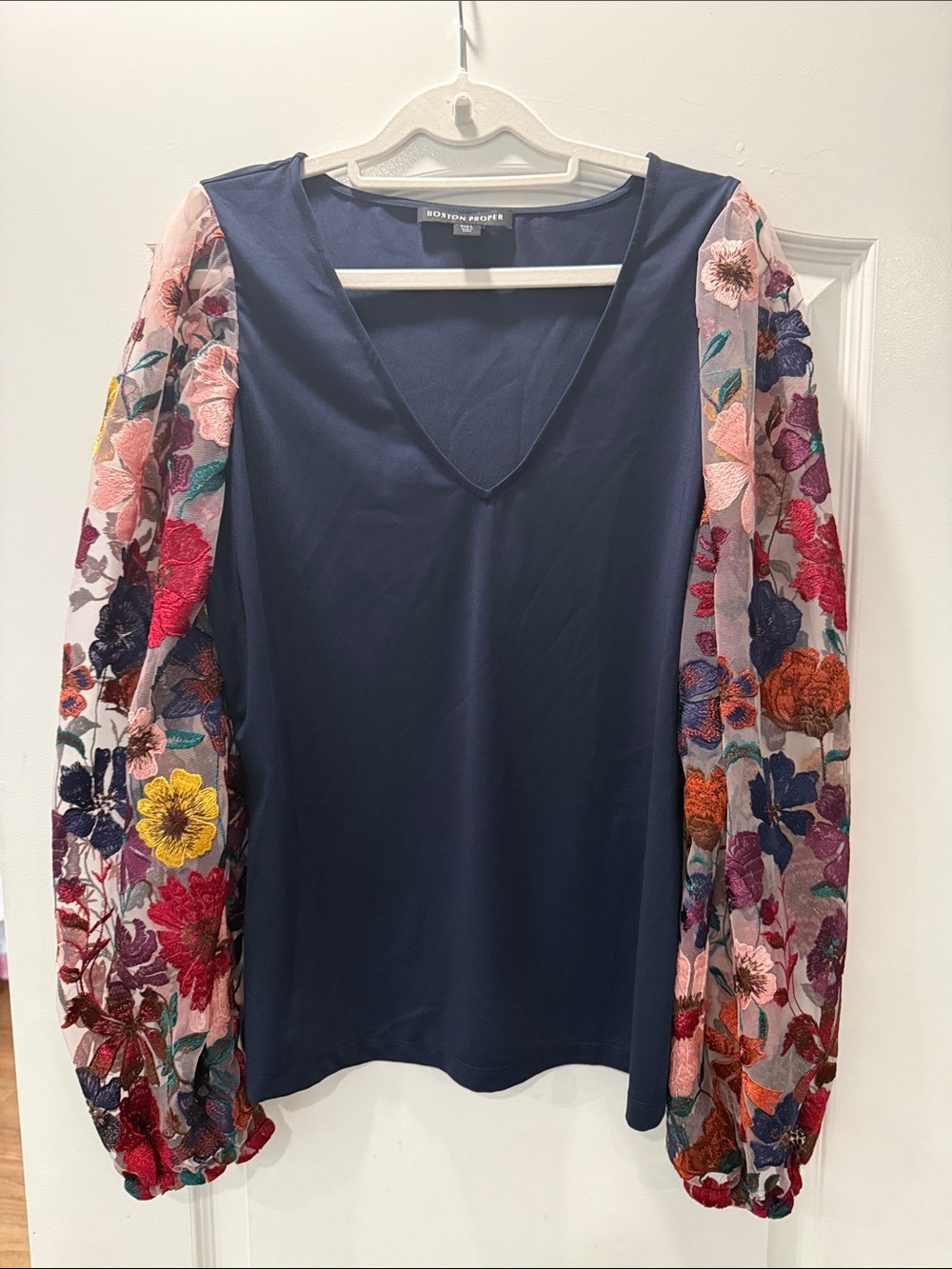 Boston Proper Navy V-Neck Top with Multicolor Floral Embroidered Sheer Sleeves